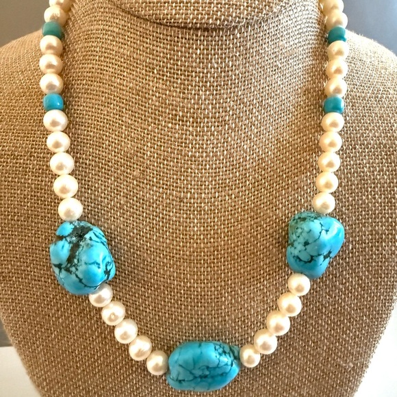 Turquoise Necklace W 7mm Cultutred Pearls Sterling Silver Clasp - Picture 2 of 6